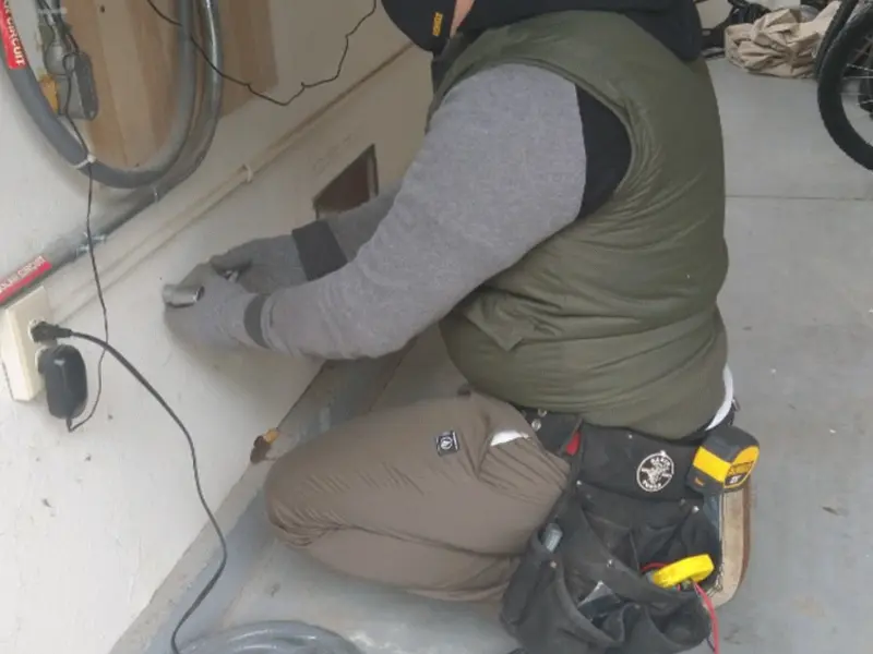 Electrician performing outlet wiring in a Hot Springs garage